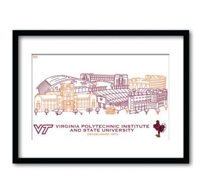 a framed line drawing of campus