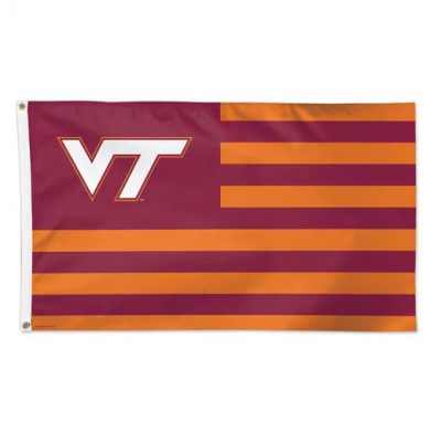 an orange and maroon Amreican flag