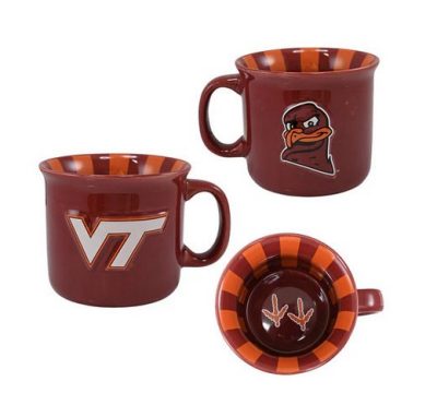 a maroon and striped mug