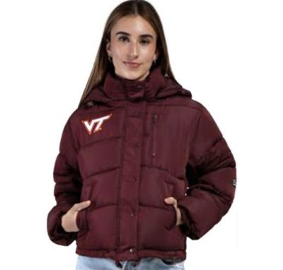 a maroon puffer jacket