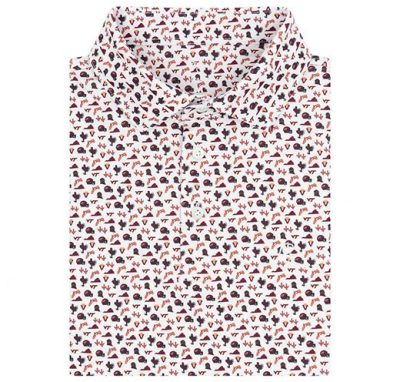 a patterened polo shirt