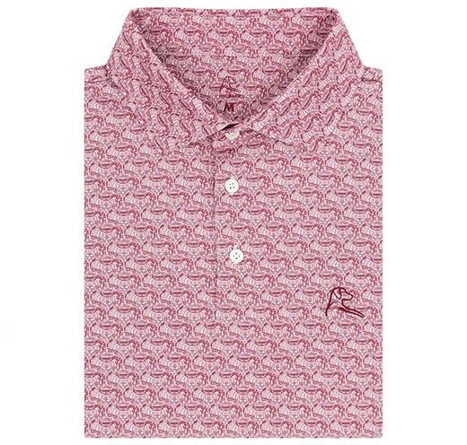 a patterned polo shirt